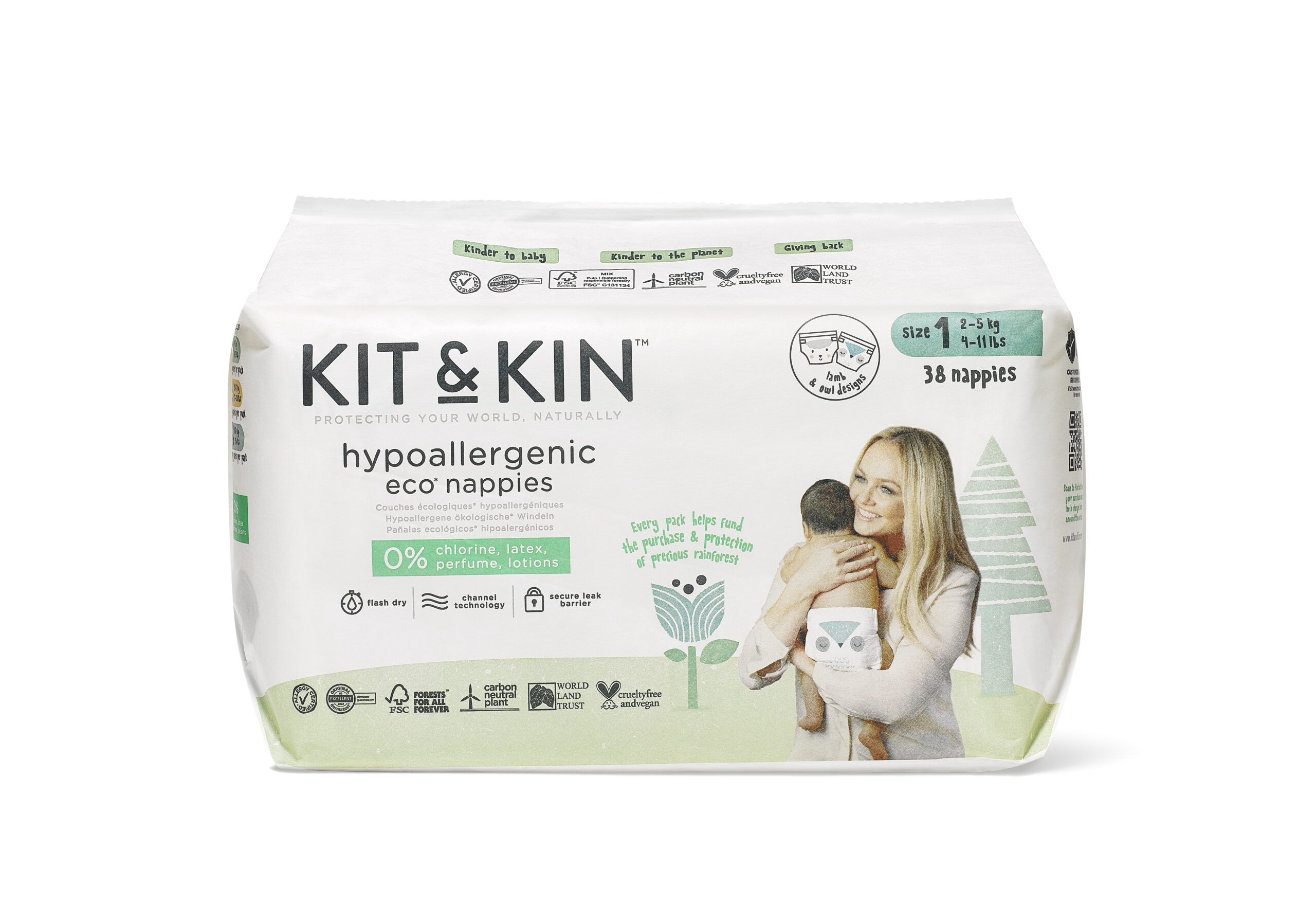 Scutece Hipoalergenice, Ecologice Kit & Kin, mărimea 1, 2-5 kg, 38 buc.