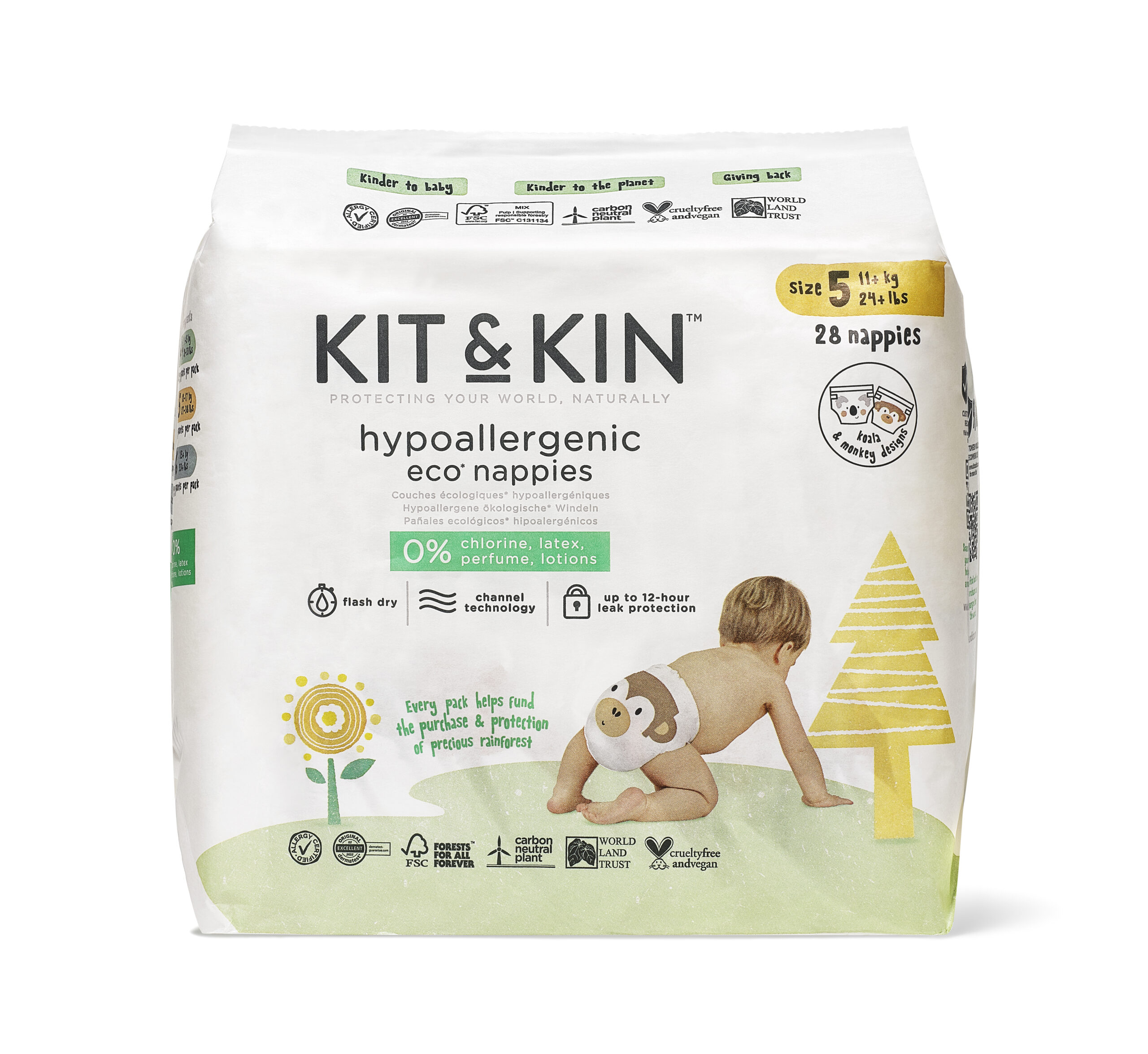 Scutece Hipoalergenice Ecologice Kit & Kin, mărimea 5, 11 kg+ , 28 buc.