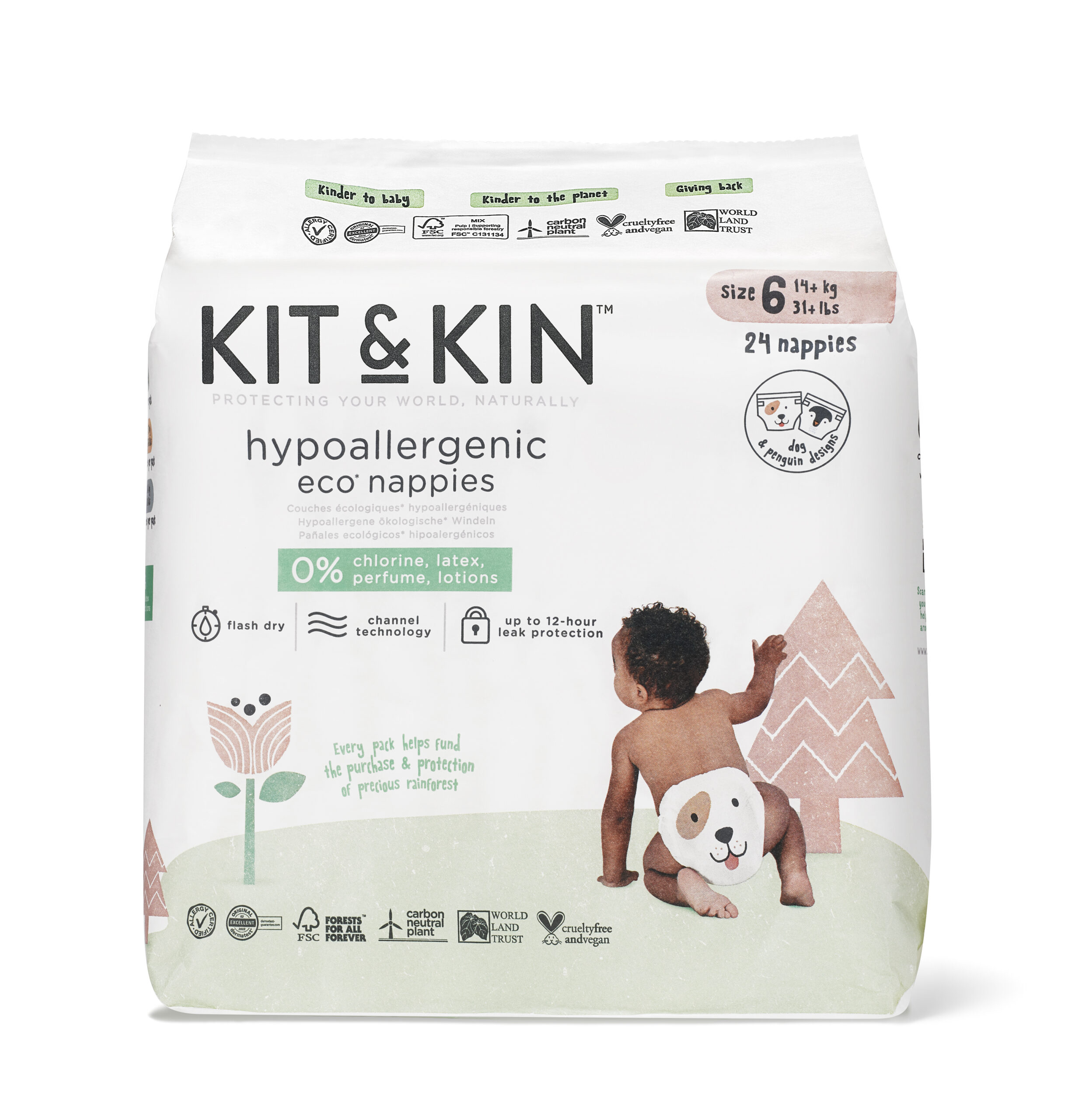 Scutece Hipoalergenice Ecologice Kit & Kin, mărimea 6, 14 kg +, 24 buc.
