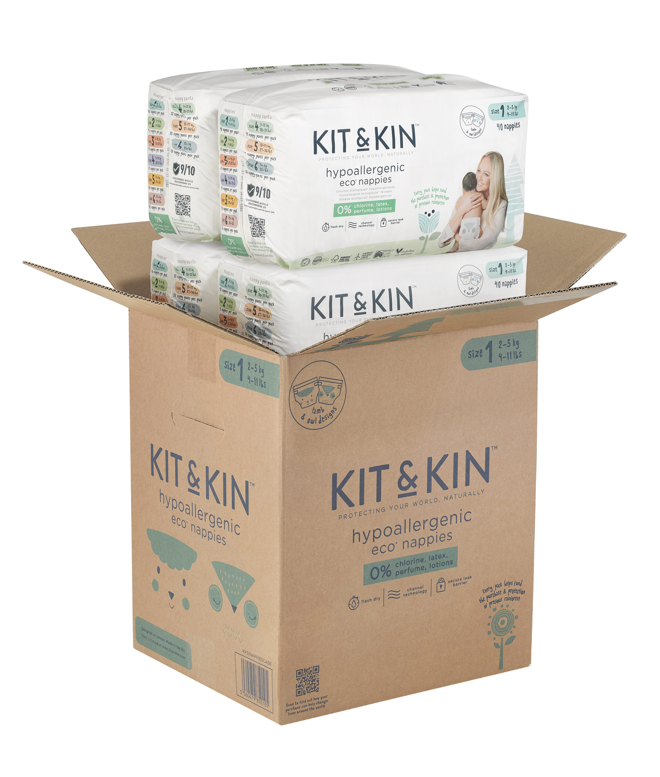Scutece Hipoalergenice, Ecologice Kit & Kin, mărimea 1, 2-5 kg, 152 buc.