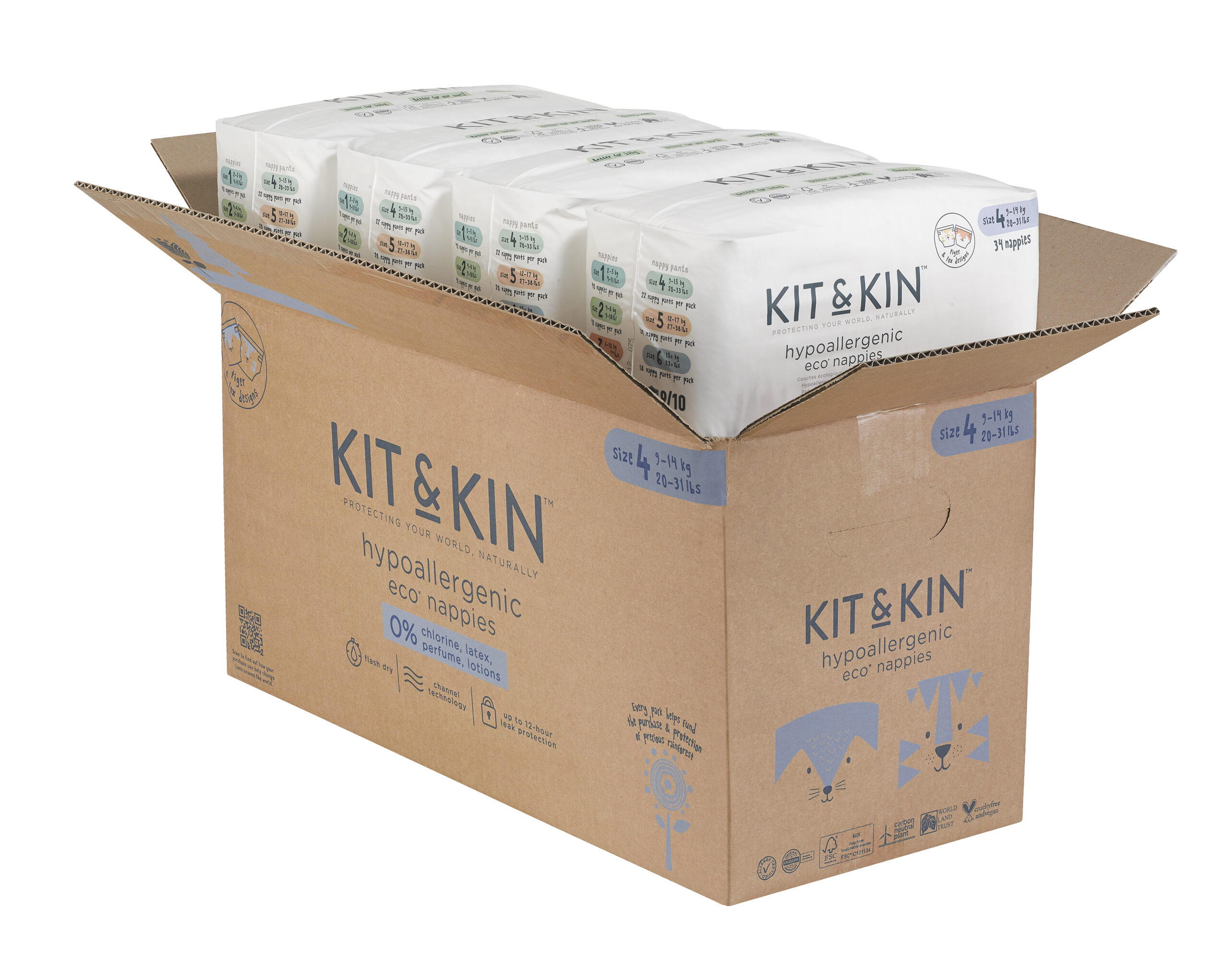 Scutece Hipoalergenice, Ecologice Kit & Kin, mărimea 4, 9-14 kg, 128 buc.