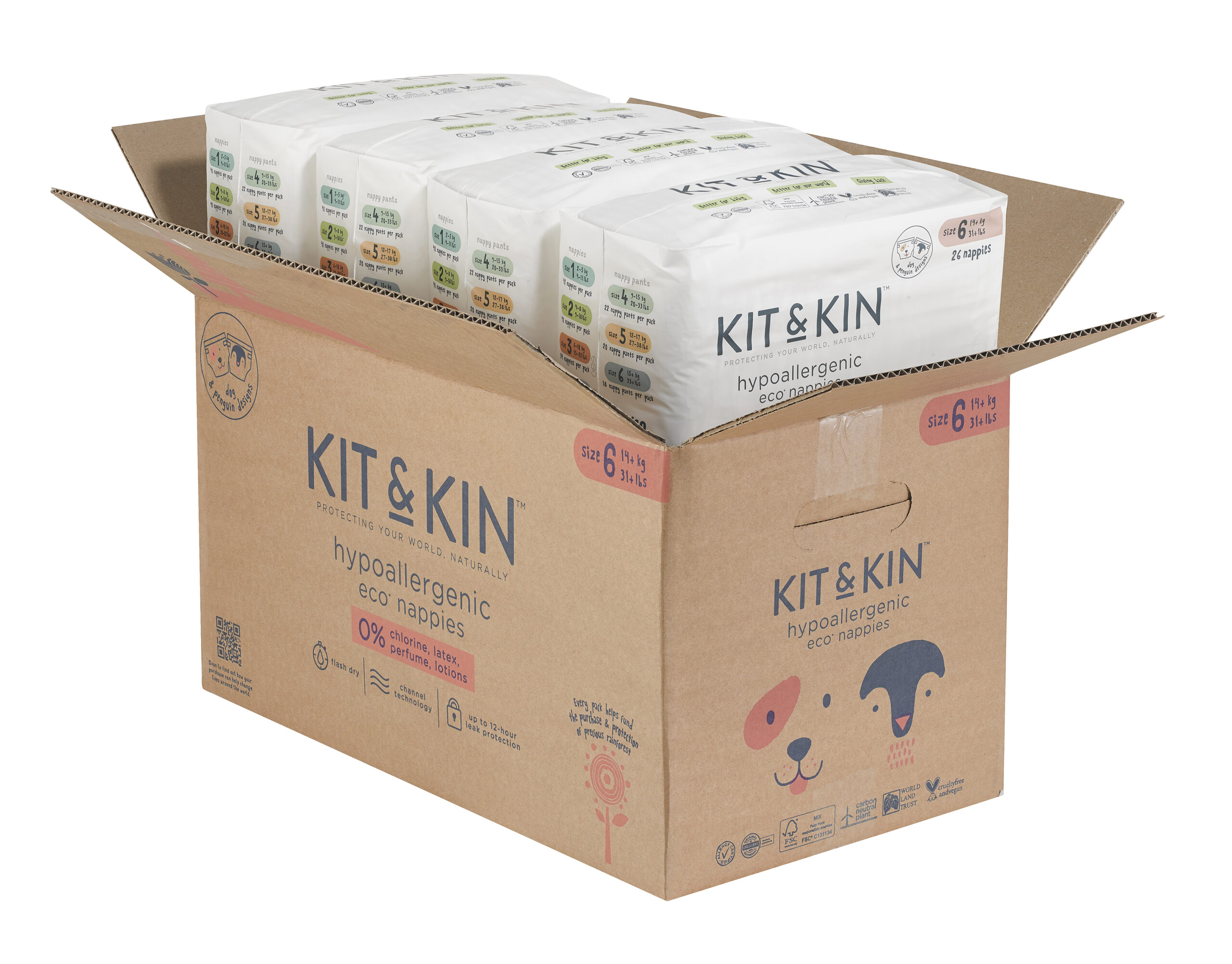 Scutece Hipoalergenice, Ecologice Kit & Kin, mărimea 6, 14 kg+, 96 buc.
